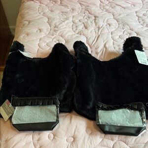 Daiso Black Faux Fur Mini Bag with Ruffle Trim AND Black Ruffled Boat Pouch